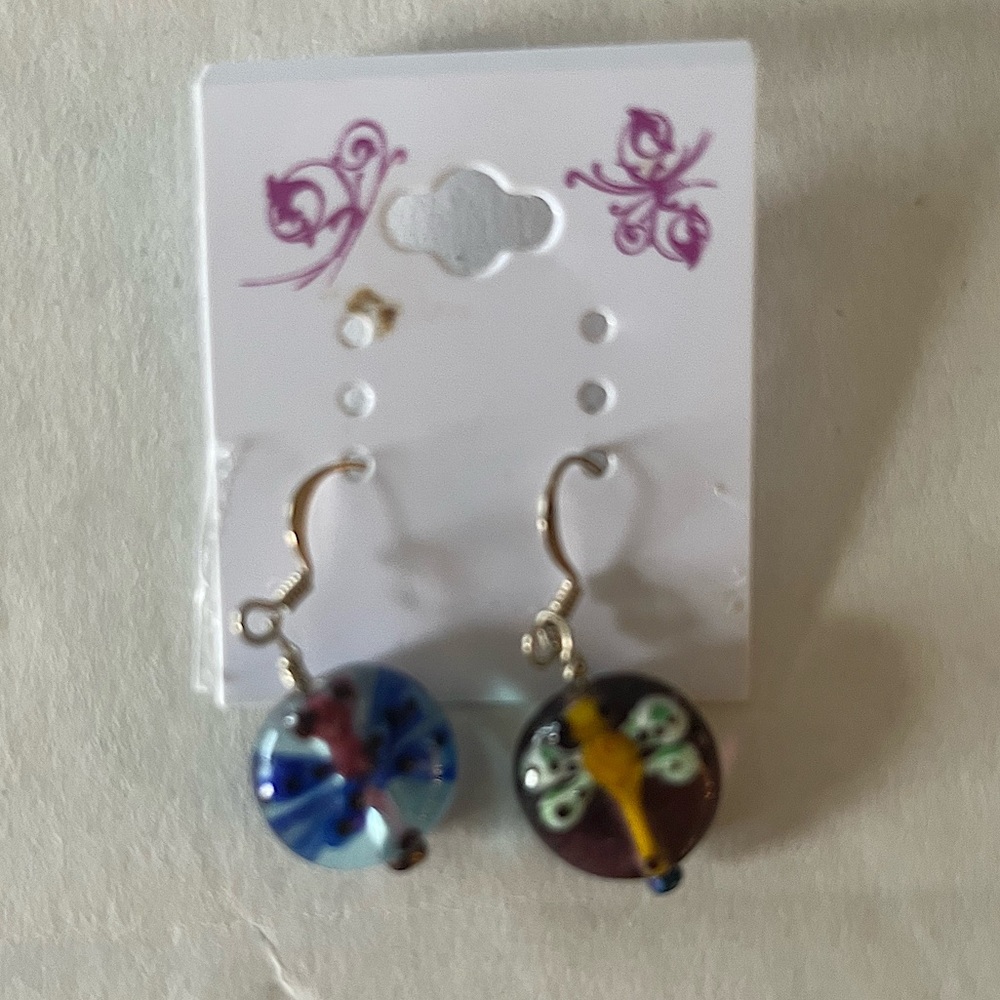 Bead earrings with hand painted dragonfly on front & back